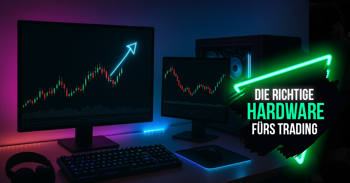 Symbolbild zu Trading-Hardware 2025 – leuchtende Monitore, Geldscheine und Technik