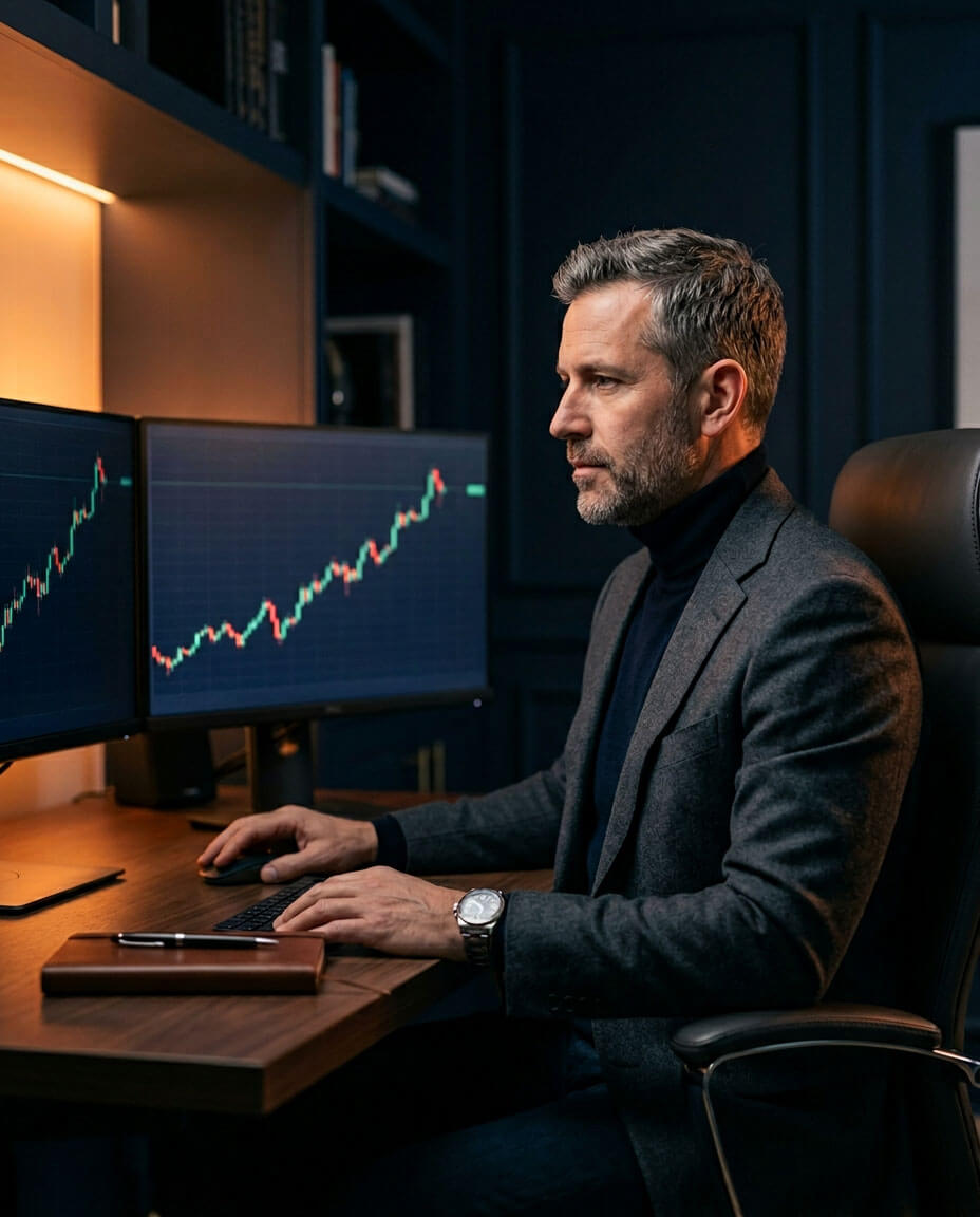 Aktiver Investor analysiert Aktiencharts an zwei Bildschirmen – Symbolbild für fundierte Anlageentscheidungen im Aktienhandel Kurs der TradeNeon Academy