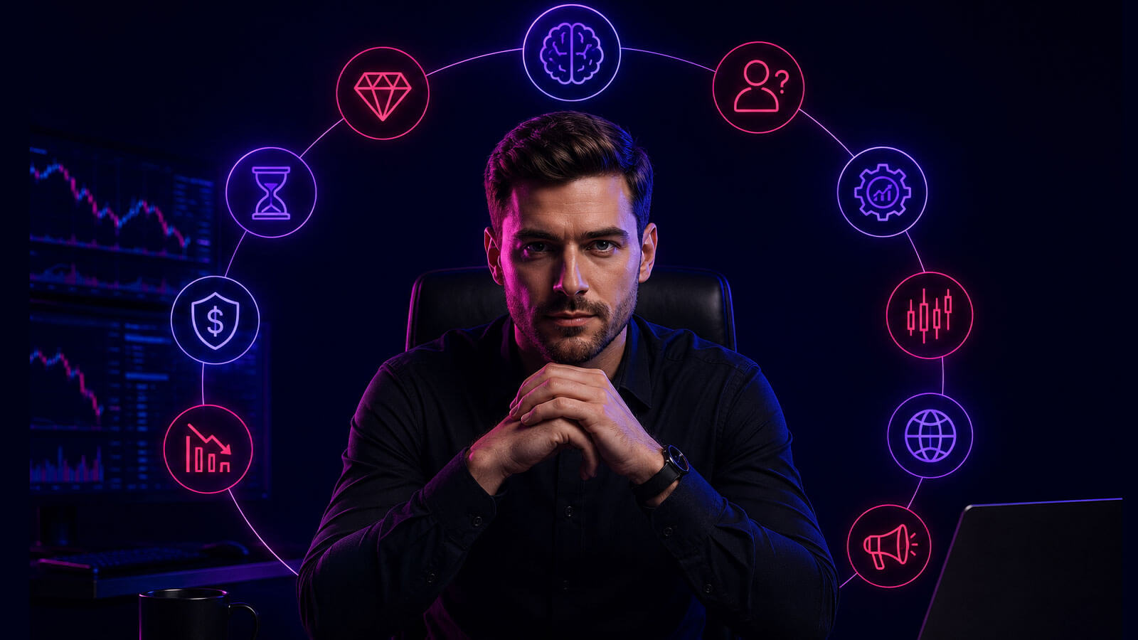 Konzentrierter Trader am Schreibtisch, umgeben von Neon-Icons für die 10 häufigsten Trading-Fehler