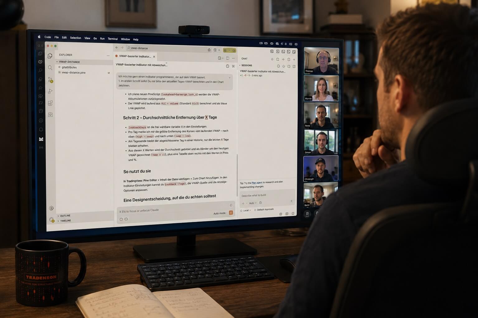 KI im Trading: Blick über die Schulter in eine Live-Session der TradeNeon Daytrading-Ausbildung – ein KI-Assistent hilft beim Programmieren eines Indikators