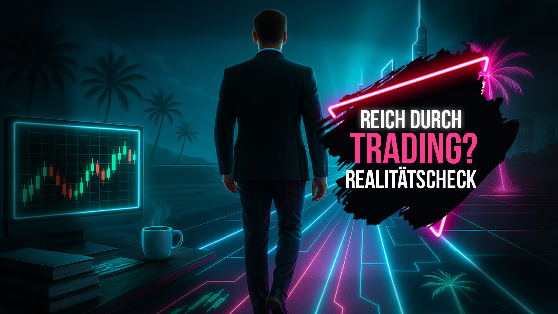 Symbolisches Coverbild mit Trader, Neon-Stadt und Chartmonitor – Vision von Reichtum durch Trading