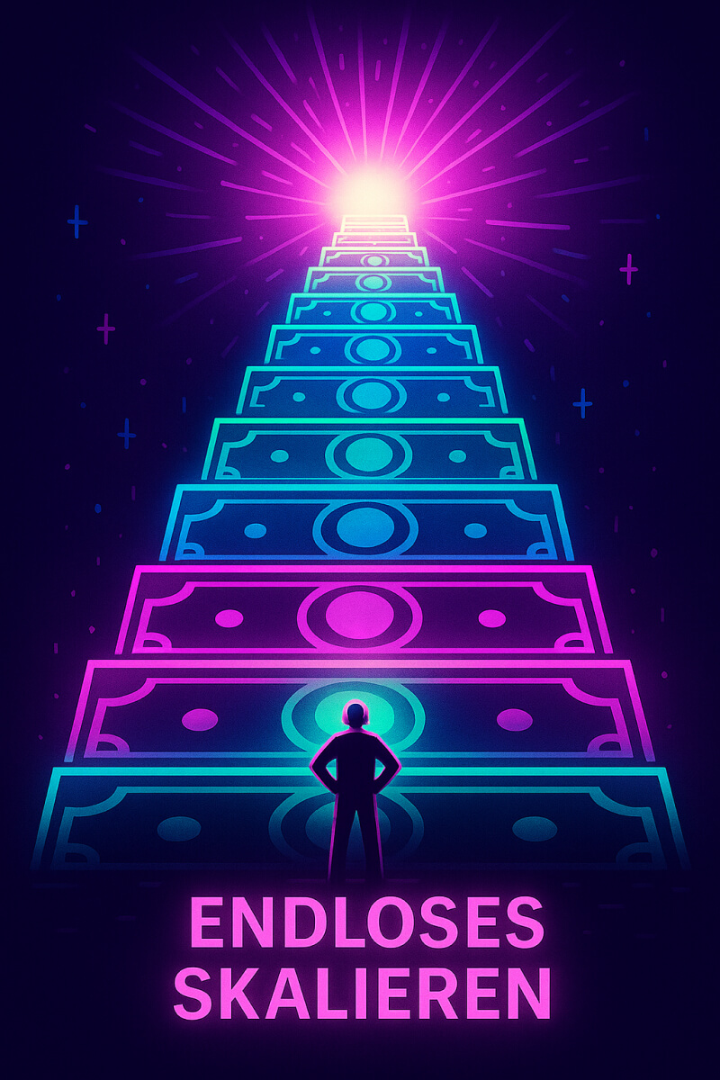 Treppe aus Geldscheinen ins Licht – Metapher für die Illusion endlosen Skalierens im Trading