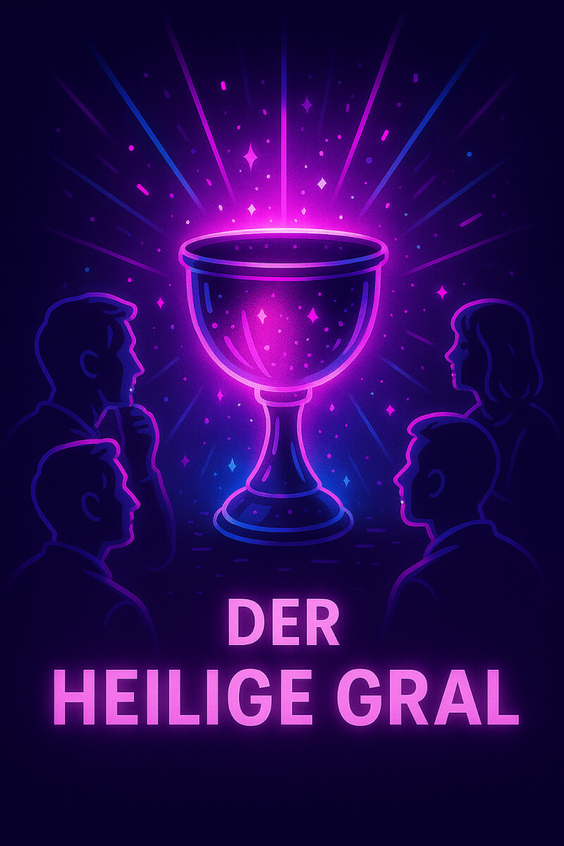 Glänzender Kelch umringt von Tradern – Symbol für die Suche nach dem heiligen Gral im Trading