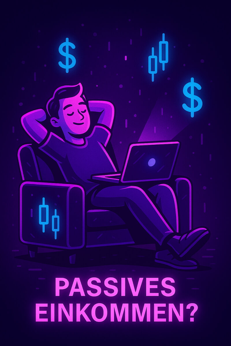 Illustration eines entspannten Traders im Sessel mit Laptop – Mythos vom passiven Einkommen im Trading