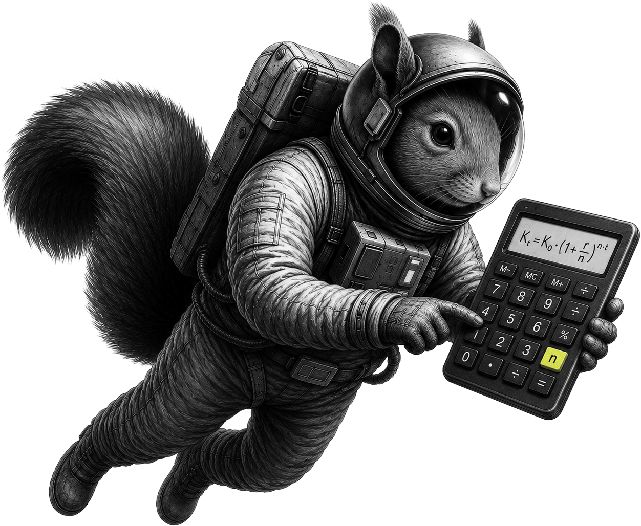 Zinsrechner – Astronauten-Eichhörnchen mit Taschenrechner und Zinseszins-Formel, TradeNeon Academy